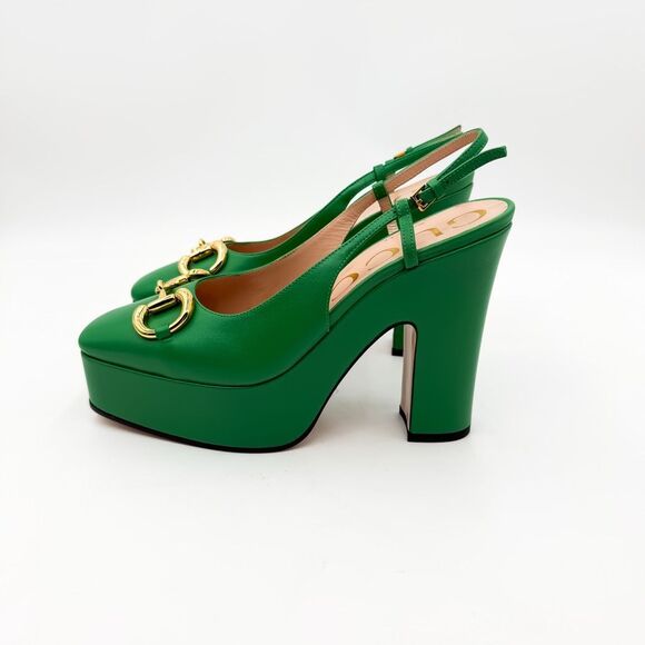 Gucci Horsebit Baby120 Platform Pumps EU 37 US 7 Green Leather Slingback - Picture 5 of 11